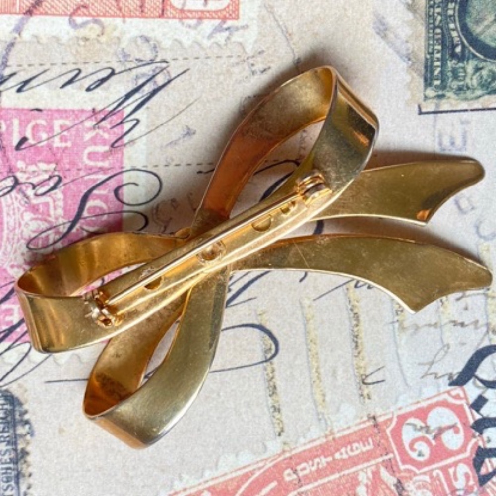VINTAGE Brooch Bow Rhinestone Gold - Picture 3 of 5